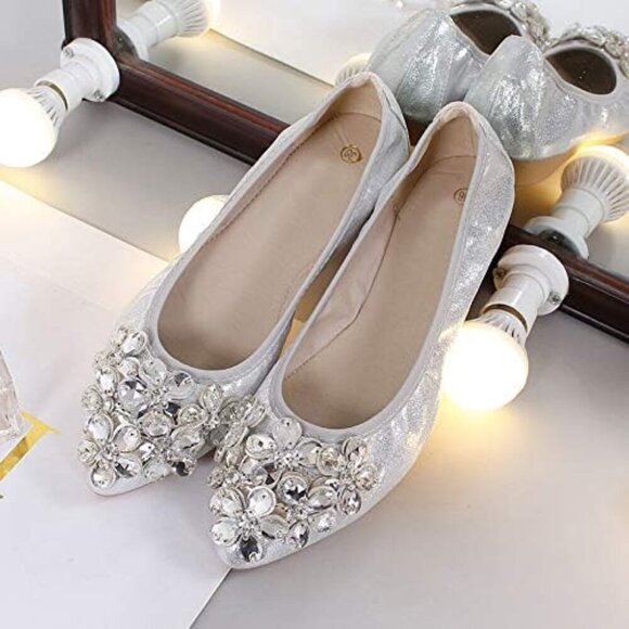 Women Foldable Flats Faux Leather 9.5-10 Slip On Rhinestone Pointed Toe - Picture 6 of 6